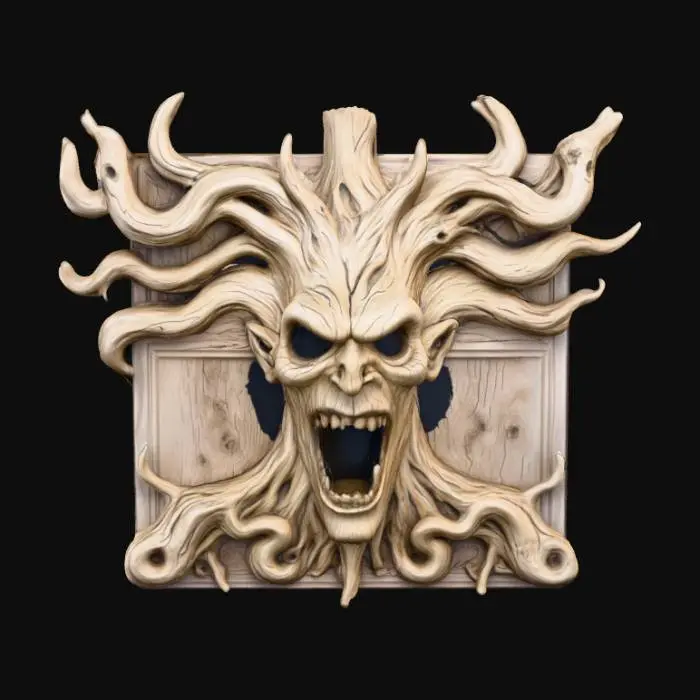 3D model for #Halloween2025#, spooky scary tree face engraved on a flat wall plaque, Halloween, baroque, ultra realistic, 8k