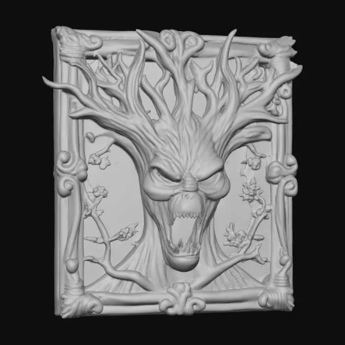 3D model for #Halloween2025#, spooky scary tree face engraved on a flat wall plaque, Halloween, baroque, ultra realistic, 8k
