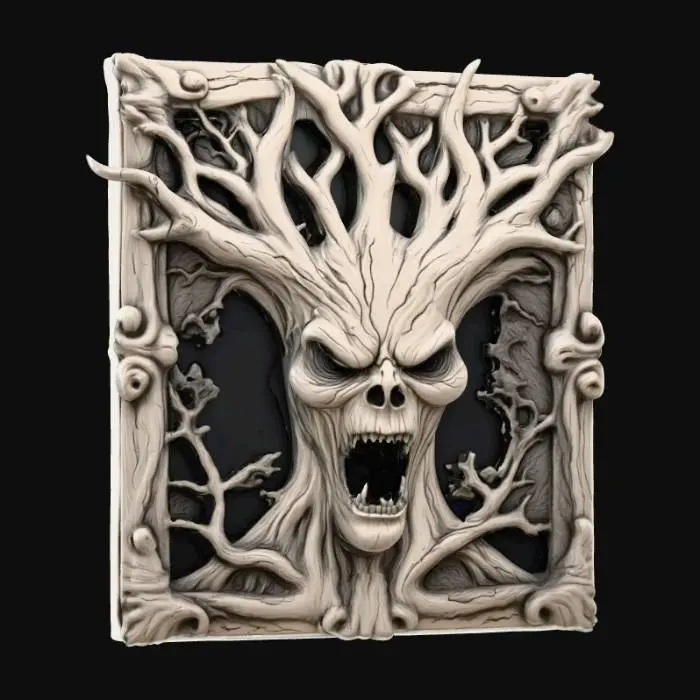 3D model for #Halloween2025#, spooky scary tree face engraved on a flat wall plaque, Halloween, baroque, ultra realistic, 8k