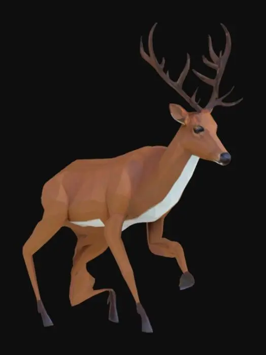 3D model for deer, stylized low poly game asset, flat shading, faceted surfaces, solid colors, optimized for real-time rendering with ~300 triangles, single mesh, clean quad topology, neutral A-pose facing forward, flat PBR shader with brown body, white underbelly, dark brown antlers, export as glTF format; avoid high-frequency textures and organic detail beyond simple facets