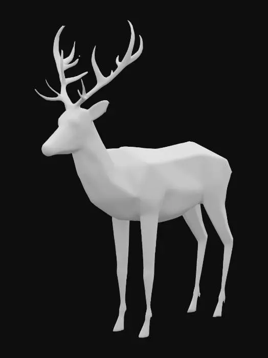 3D model for deer, stylized low poly game asset, flat shading, faceted surfaces, solid colors, optimized for real-time rendering with ~300 triangles, single mesh, clean quad topology, neutral A-pose facing forward, flat PBR shader with brown body, white underbelly, dark brown antlers, export as glTF format; avoid high-frequency textures and organic detail beyond simple facets