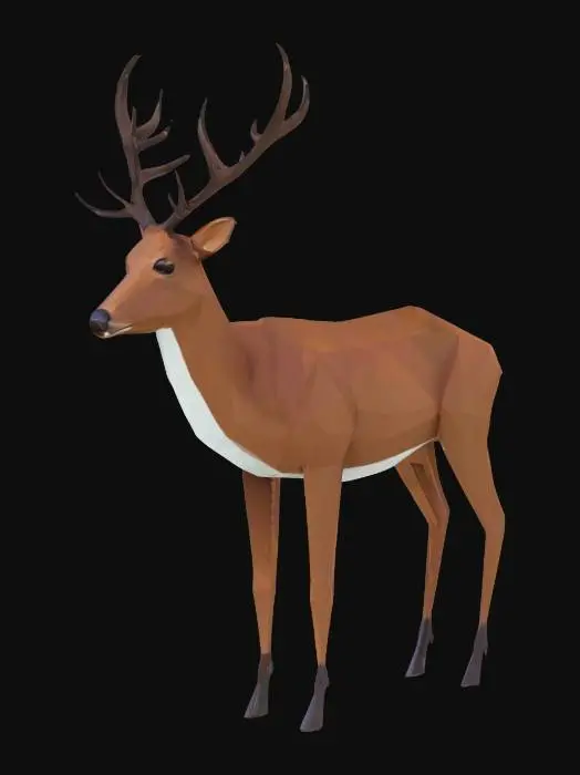 3D model for deer, stylized low poly game asset, flat shading, faceted surfaces, solid colors, optimized for real-time rendering with ~300 triangles, single mesh, clean quad topology, neutral A-pose facing forward, flat PBR shader with brown body, white underbelly, dark brown antlers, export as glTF format; avoid high-frequency textures and organic detail beyond simple facets