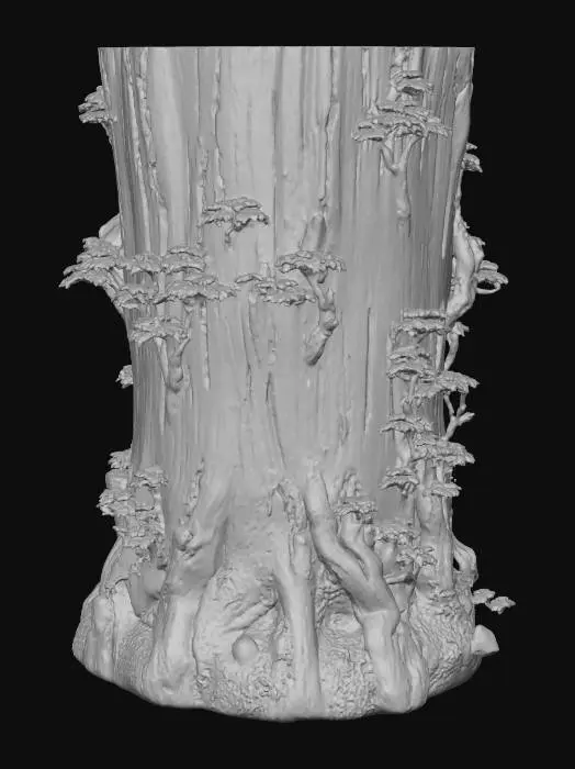 3D model for 一个树洞形状的笔筒，上下两端略宽，中间微微内收，表面有木头纹理，高度大约15厘米