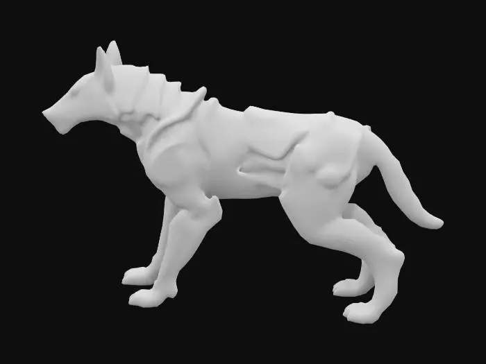 3D model for A fully mechanical wolf robot built for war, featuring a sleek, reinforced exoskeleton with overlapping armor plates. Its limbs are jointed for high-speed movement, with hydraulics for agility. The head is angular with a non-glowing visor-like sensor array. The tail is segmented for balance. No exposed wires or props, just a battle-ready design with precision engineering.