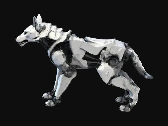 3D model for A fully mechanical wolf robot built for war, featuring a sleek, reinforced exoskeleton with overlapping armor plates. Its limbs are jointed for high-speed movement, with hydraulics for agility. The head is angular with a non-glowing visor-like sensor array. The tail is segmented for balance. No exposed wires or props, just a battle-ready design with precision engineering.