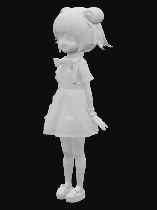3D model for cute short anime girl, sort pink hair in pigtails, pink bear ears on her head, red bowtie, wearing a white shirt under a pink pinafore dress with a short skirt, short white socks and pink slip on doll shoes.