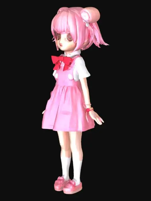 3D model for cute short anime girl, sort pink hair in pigtails, pink bear ears on her head, red bowtie, wearing a white shirt under a pink pinafore dress with a short skirt, short white socks and pink slip on doll shoes.