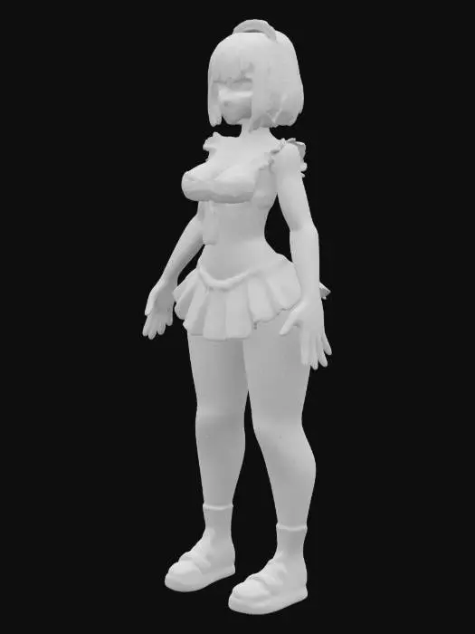 3D model for Humanoid female inspired by rei ayanami from evangelion in a natural A-pose. Athletic and curvaceous with oversized proportions, thick thighs, wide hips, narrow waist. Elegant yet powerful stance. short blue hair in a bobcut, maid uniform for a maid cafe make it super cute and frilly so she atracts customers. Realistic anatomy, expressive face, stylized yet grounded in believable proportions and form