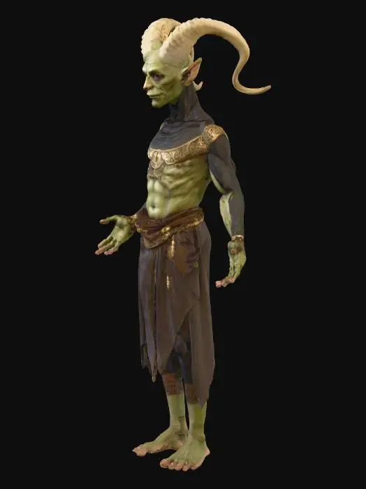 3D model for A realistic 3D character of a human pretending to be a goblin king.
He looks like a goblin due to a magical illusion and a ritual mask, but subtle human traits can still be seen under the disguise.
He wears a tattered royal outfit made from bones, leather, and metal, holding a crooked staff with glowing runes.
His expression is cunning and arrogant, with a dark fantasy atmosphere
Style: semi-realistic, game-ready character