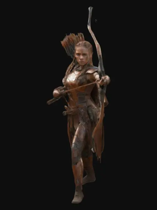 3D model for Guerrera futurista en un mundo postapocalíptico donde la naturaleza ha reclamado antiguas ruinas. Tiene cabello largo y trenzado en tonos cobrizos, rostro fuerte con cicatrices sutiles y una mirada decidida. Viste armadura ligera de cuero y metal reciclado de máquinas. Porta un arco tecnológico con flechas especializadas. Está en una postura ágil y lista para la acción, explorando un paisaje de bosques, cascadas y ruinas cubiertas de vegetación, con un atardecer épico de fondo.