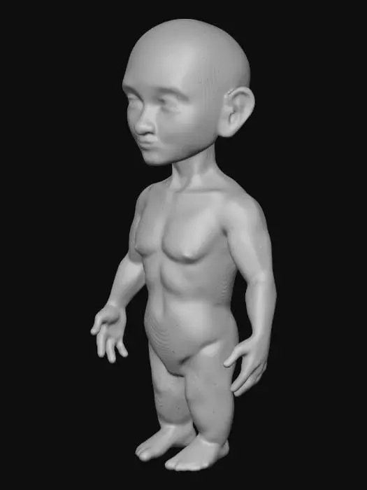 3D model for A 3D model of a person for a cheap educational CD-ROM, late 1990s graphics. Model uses less than 100 polygons. Face is smooth with painted-on features that don't align with the mesh. Awkward, stiff pose. Rendered with a single directional light, creating harsh, unflattering shadows. Background is a simple gradient. Overall aesthetic is boring