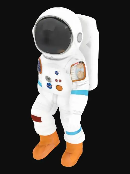 3D model for A cute astronaut standing up, arms in the horizontal position, like reaching out. Full dressed with helmet on and oxygen pack on his back