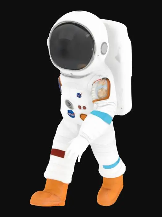 3D model for A cute astronaut standing up, arms in the horizontal position, like reaching out. Full dressed with helmet on and oxygen pack on his back
