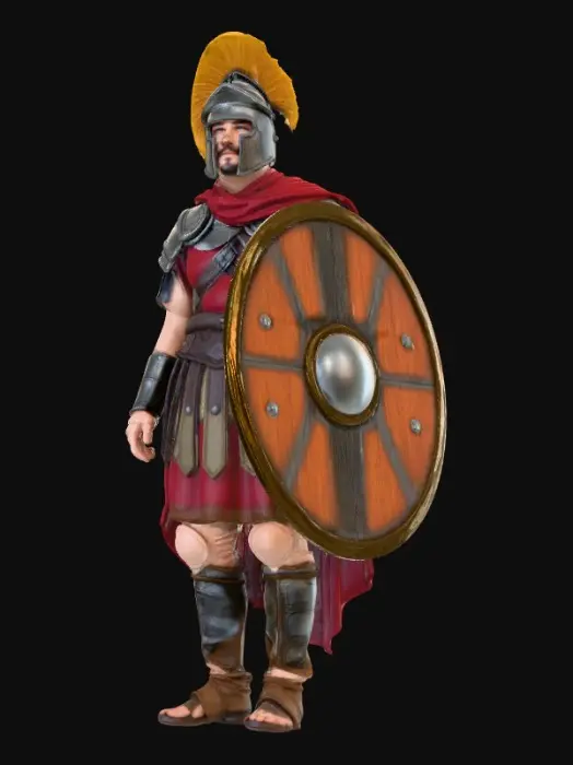 3D model for A formidable Roman legionnaire in historically accurate, hyper-realistic detail, marching. His polished lorica segmentata armor shows subtle scratches and individual buckles. A deep red wool tunic is visible beneath, with worn leather straps. His galea helmet, adorned with a realistic, slightly wind-blown red horsehair crest, firmly sits on his head. He carries a heavy, weathered wooden scutum shield with worn paint, and sturdy leather caligae on dusty ground.