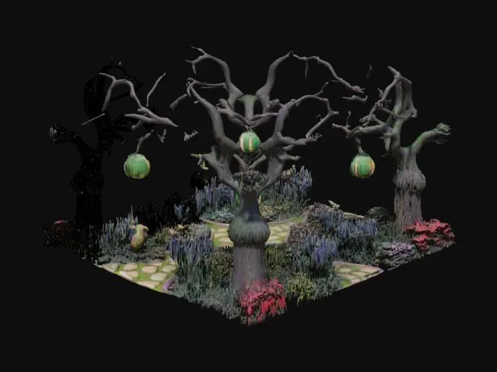 3D model for  a vibrant 3D garden that captures spring’s renewal and creativity. Design a landscape where nature awakens: winding paths lined with radiant, blooming flowers, majestic trees adorned with delicate vines, and whimsical ornaments sparking imagination. Add futuristic touches with softly glowing eco-structures and interactive botanical installations. Every detail—from morning dew’s glisten to leaves’ gentle rustle—unites in a symphony of color, growth, and innovation. Pure magic., #garden#