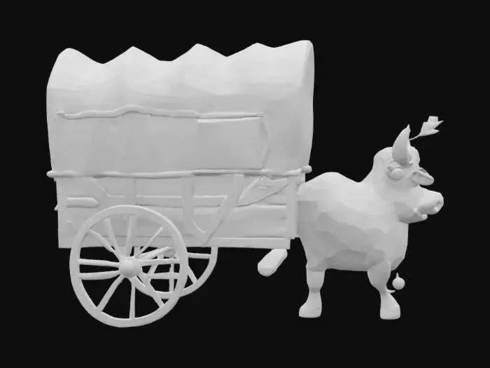 3D model for [OREGON] Whimsical miniature oregon trail wagon with 1 adorable Oxen, Pixar style, smiling and pulling that wagon. Have an arrow sticking in the wagon
, #AroundTheWorld#