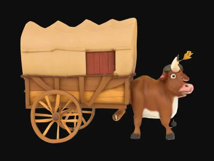 3D model for [OREGON] Whimsical miniature oregon trail wagon with 1 adorable Oxen, Pixar style, smiling and pulling that wagon. Have an arrow sticking in the wagon
, #AroundTheWorld#