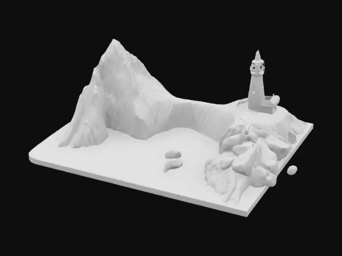 3D model for [OREGON] A miniature coastline. Haystack Rock stands out of the water, with waves of the ocean and a little lighthouse. 
, #AroundTheWorld#