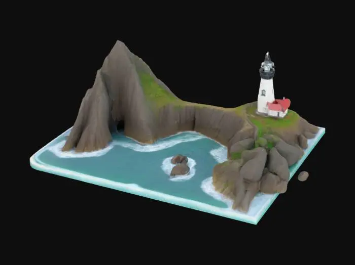 3D model for [OREGON] A miniature coastline. Haystack Rock stands out of the water, with waves of the ocean and a little lighthouse. 
, #AroundTheWorld#