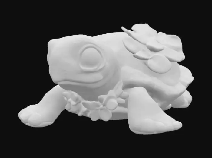 3D model for [Hawaii] Adorable stylized baby sea turtle with large glossy eyes, sitting on a rock. Detailed blue and yellow shell with intricate patterns, wearing a tropical flower lei made of green leaves and a bright pink and yellow plumeria flower on its head. The turtle has a smooth, slightly cartoonish 3D look, like a hand-painted figurine or animated movie character. Shallow depth of field, soft natural lighting, blurred natural background with warm tones. Ultra-detailed textures, vibrant colors, tropical and whimsical aesthetic, Pixar or DreamWorks style., #AroundTheWorld#