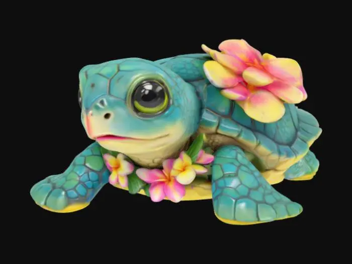 3D model for [Hawaii] Adorable stylized baby sea turtle with large glossy eyes, sitting on a rock. Detailed blue and yellow shell with intricate patterns, wearing a tropical flower lei made of green leaves and a bright pink and yellow plumeria flower on its head. The turtle has a smooth, slightly cartoonish 3D look, like a hand-painted figurine or animated movie character. Shallow depth of field, soft natural lighting, blurred natural background with warm tones. Ultra-detailed textures, vibrant colors, tropical and whimsical aesthetic, Pixar or DreamWorks style., #AroundTheWorld#