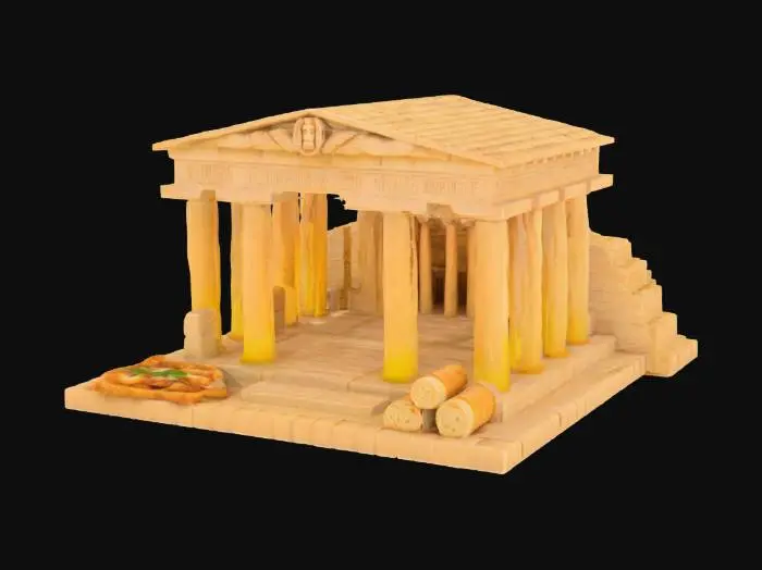 3D model for [Sicily] A vibrant, sunlit view of the ancient Greek temples in Sicily’s Valley of the Temples, Ancient Ruins but they are all made out of Breadsticks and Italian food, #AroundTheWorld#