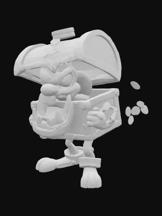 3D model for A cartoonish, villainous enemy character inspired by 90s platformer games like Banjo-Kazooie. A grumpy walking treasure chest with jagged cartoon teeth and glowing eyes, its lid snapping open and shut like a mouth. It has stubby wooden legs and rusty metal hinges, giving it a creaky, animated personality. Wears a pirate hat tilted sideways, and occasionally spits out gold coins or smoke. Stylized in a vibrant, low-poly look with exaggerated features, bright colors, and a mischievous expression. Set in a tropical island level with palm trees and sand. Retro 3D platformer style, Rareware-type humor, high charm and character.