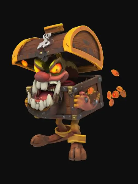 3D model for A cartoonish, villainous enemy character inspired by 90s platformer games like Banjo-Kazooie. A grumpy walking treasure chest with jagged cartoon teeth and glowing eyes, its lid snapping open and shut like a mouth. It has stubby wooden legs and rusty metal hinges, giving it a creaky, animated personality. Wears a pirate hat tilted sideways, and occasionally spits out gold coins or smoke. Stylized in a vibrant, low-poly look with exaggerated features, bright colors, and a mischievous expression. Set in a tropical island level with palm trees and sand. Retro 3D platformer style, Rareware-type humor, high charm and character.