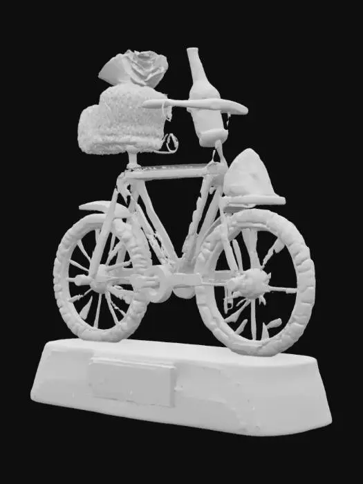 3D model for [OREGON] Whimsical miniature wooden model of a bicycle on a polished wood base with a plaque that says “PORTLAND.” The bike has a cozy, hand-carved aesthetic with a knitted seat, a small coffee cup in a front basket painted with red roses, and a craft beer bottle in a rear holder. The tires are textured like cookies or rope. A small snow-capped mountain (resembling Mount Hood) is sculpted on the base beside the front wheel. Soft studio lighting, warm beige background, high detail, artisan folk-art style, charming and handcrafted look, souvenir display item.

Style Tags:
miniature sculpture, Portland souvenir, folk art, cozy handmade model, warm lighting, artisan charm, collectible figurine #AroundTheWorld# #AroundTheWorld#, #AroundTheWorld#