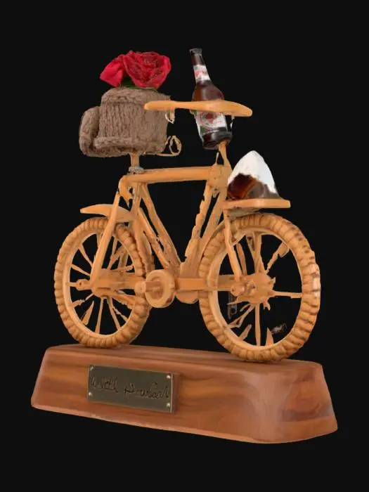 3D model for [OREGON] Whimsical miniature wooden model of a bicycle on a polished wood base with a plaque that says “PORTLAND.” The bike has a cozy, hand-carved aesthetic with a knitted seat, a small coffee cup in a front basket painted with red roses, and a craft beer bottle in a rear holder. The tires are textured like cookies or rope. A small snow-capped mountain (resembling Mount Hood) is sculpted on the base beside the front wheel. Soft studio lighting, warm beige background, high detail, artisan folk-art style, charming and handcrafted look, souvenir display item.

Style Tags:
miniature sculpture, Portland souvenir, folk art, cozy handmade model, warm lighting, artisan charm, collectible figurine #AroundTheWorld# #AroundTheWorld#, #AroundTheWorld#