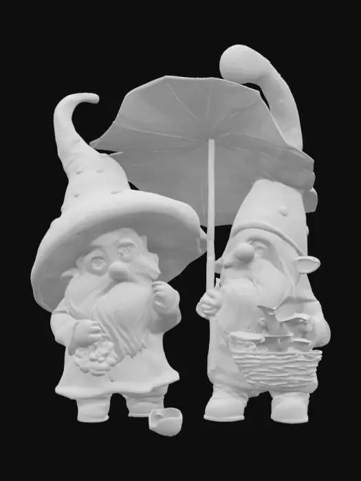 3D model for [Oregon] Two small round gnomes with large red mushroom caps as hats, one gnome holding a giant green leaf like an umbrella, smiling proudly, other gnome carrying a woven basket full of golden chanterelle mushrooms, standing in a lush mossy forest clearing, tiny wildflowers, soft mist swirling around, whimsical fantasy style, vibrant colors, cozy atmosphere, #AroundTheWorld#