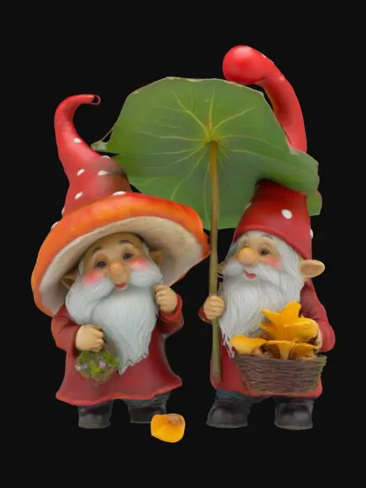 3D model for [Oregon] Two small round gnomes with large red mushroom caps as hats, one gnome holding a giant green leaf like an umbrella, smiling proudly, other gnome carrying a woven basket full of golden chanterelle mushrooms, standing in a lush mossy forest clearing, tiny wildflowers, soft mist swirling around, whimsical fantasy style, vibrant colors, cozy atmosphere, #AroundTheWorld#