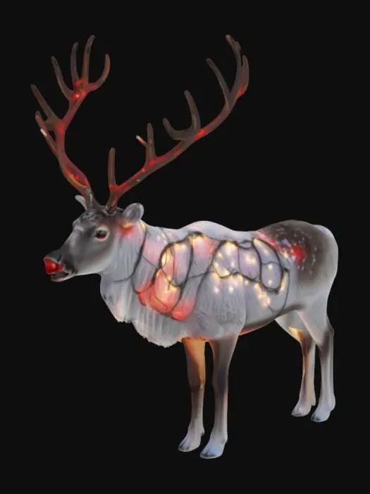 3D model for [Norway] Realistic Arctic Reindeer, with a glowing Red Nose, standing in the snow, with a string of Christmas Lights wrapped around him, #AroundTheWorld#