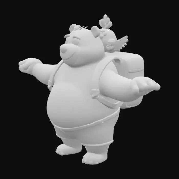 3D model for A vibrant, cartoon-style animal duo character inspired by Banjo and Kazooie, featuring a chunky, friendly bear wearing bright shorts and a backpack, with a quirky bird companion poking out of the backpack, wings outstretched. The bear has big expressive eyes, exaggerated proportions, and a joyful expression. The bird is colorful and snarky-looking, with a long beak and a playful attitude. Stylized like a late 90s 3D platformer mascot, colorful low-poly look or painterly render, set against a lush, whimsical forest background. Nintendo 64-era charm, dynamic pose, saturated colors, friendly and adventurous vibe.