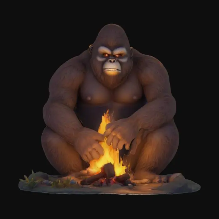 3D model for [Oregon] Bigfoot sitting by a glowing campfire at night roasting a marshmallow, dense forest background, large furry creature, brown shaggy fur, peaceful relaxed pose, warming hands by fire, cinematic lighting, detailed fur texture, soft moonlight through trees, sparks in the air, cozy magical atmosphere, realistic fantasy style, atmospheric, slightly whimsical, fantasy illustration vibe., #AroundTheWorld#