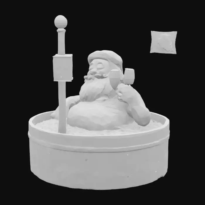 3D model for [North Pole] Santa is relaxing after work, in a hot tub, eyes closed, holding a champagne glass, belly is out of water, snow is around bottom of hot tub. The North Pole, is next to the Hot Tub. Hot Tub right under North Pole. North Pole has a Flag with an Ornament on it, #AroundTheWorld#