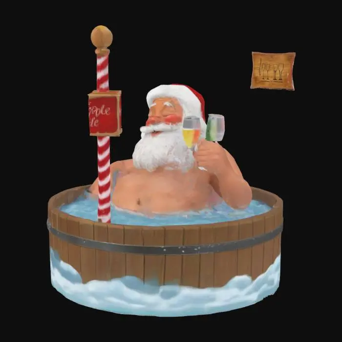 3D model for [North Pole] Santa is relaxing after work, in a hot tub, eyes closed, holding a champagne glass, belly is out of water, snow is around bottom of hot tub. The North Pole, is next to the Hot Tub. Hot Tub right under North Pole. North Pole has a Flag with an Ornament on it, #AroundTheWorld#
