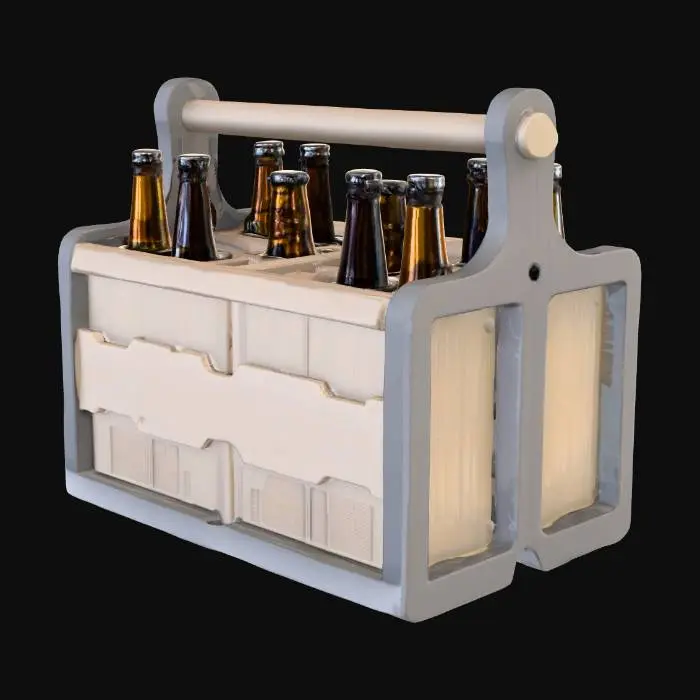 3D model for Porta birre stampabile in 3D per 24 bottiglie da 33cl (4×6). Dimensioni: 48×32×30 cm (26 cm struttura + 4 cm coperchio). Materiali: PLA/PETG per struttura, TPU/PETG per rete refrigerante. Design modulare con coperchio a incastro, maniglie integrate, piedini antiscivolo, scomparti sagomati. Rete smontabile con 24 fori per collo bottiglia, ciascuno con cavità per acqua da congelare. Spazio interno per pannelli isolanti, griglie laterali per ventilazione. Texture legno simulato, colori: legno chiaro e grigio. Formati STL/OBJ, tolleranze 0.2–0.4 mm, scala 1:1 o 1:10.