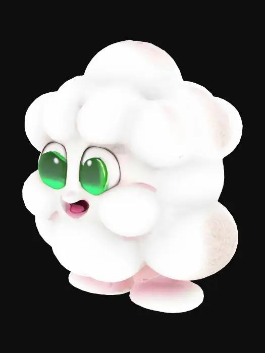 3D model for Create a 3D character in the shape of a popcorn kernel with a mostly white, fluffy texture and a subtle pink hue. The character should have oversized, bright green eyes (without eyelashes) that give it a cute and expressive appearance. It has a simple mouth (without lips), suitable for stylized animation, and no visible nose or ears. The overall style should be cartoonish and playful, with soft, rounded features. The character should be modeled with clean topology and be ready for basic rigging and animation. Export in .fbx, .obj, or .glb format. Add nothing on this.