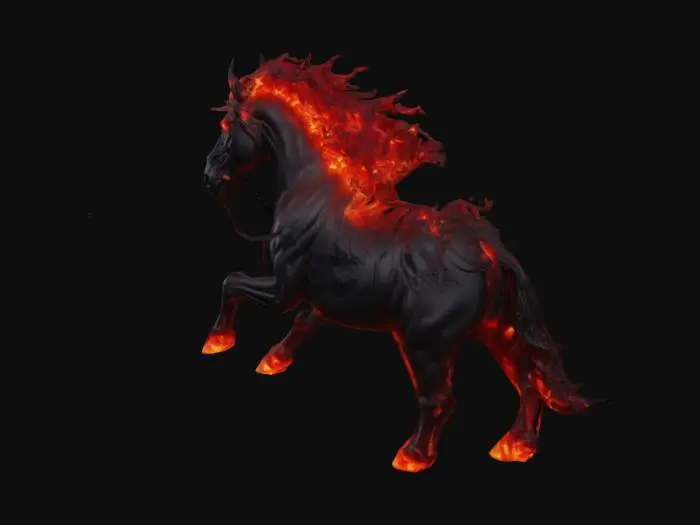 3D model for big horse, glowing body, devil, black, red eyes, hair on fire, high quality, satanic ornement,