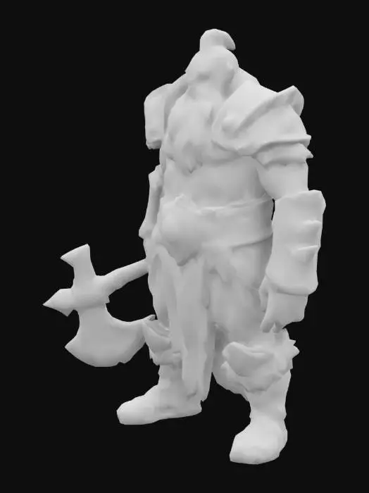 3D model for demonic dwarf with a large black beard. glowing
high quality
big axe in the right hand
muted colors