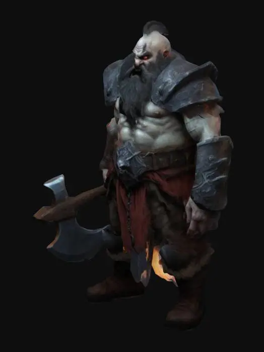 3D model for demonic dwarf with a large black beard. glowing
high quality
big axe in the right hand
muted colors