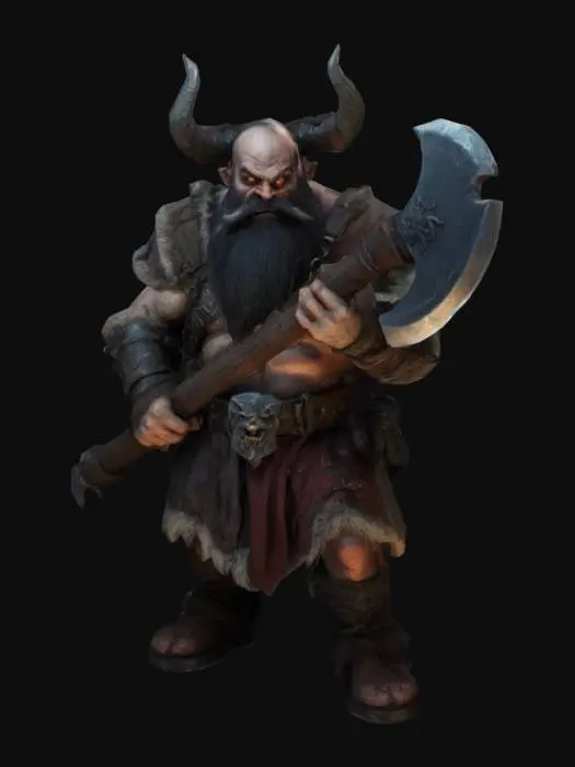 3D model for demonic dwarf with a large black beard. glowing
high quality
big axe in the right hand
muted colors
