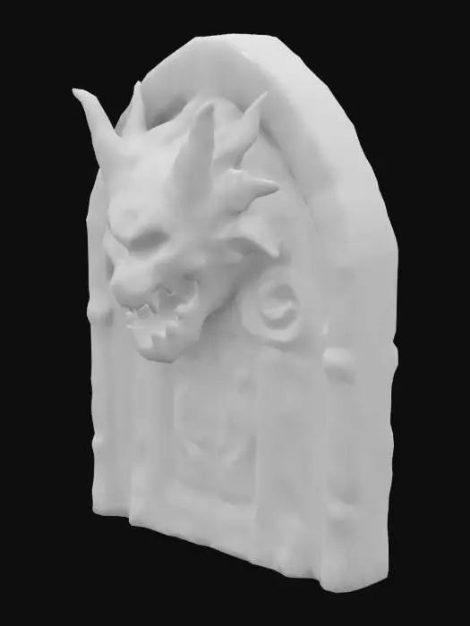 3D model for donjon doors, dark age, glowing, high quality, head of dragon on the top, red eyes, black stone, doors bloody colors