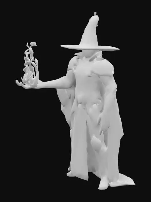 3D model for demonic wyzard, glowing body, black cap, demonic ornement pattern, black and sylver armor, high quality, fire ball in left hand, 