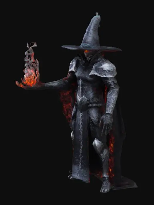 3D model for demonic wyzard, glowing body, black cap, demonic ornement pattern, black and sylver armor, high quality, fire ball in left hand, 