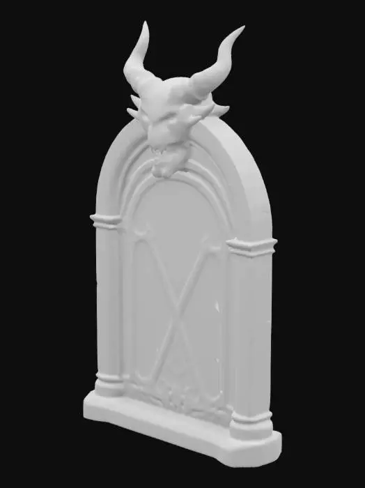 3D model for door, demonic ornement, head of devil on the top, red eyes, black stone,
geometrical, high quality, red laser energie,