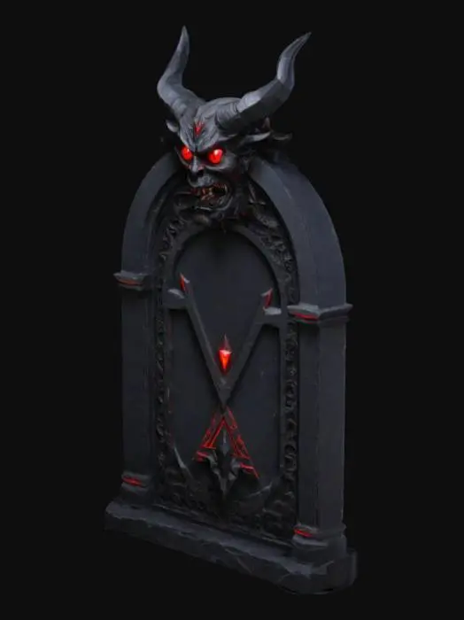 3D model for door, demonic ornement, head of devil on the top, red eyes, black stone,
geometrical, high quality, red laser energie,