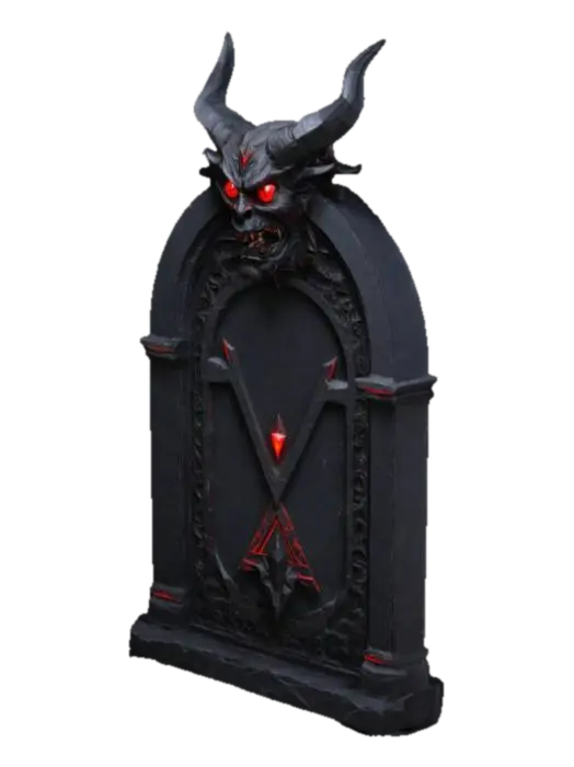 door, demonic ornement, head of devil on the top, red eyes, black stone, geometrical,… 3D model, vytvořený pomocí AI