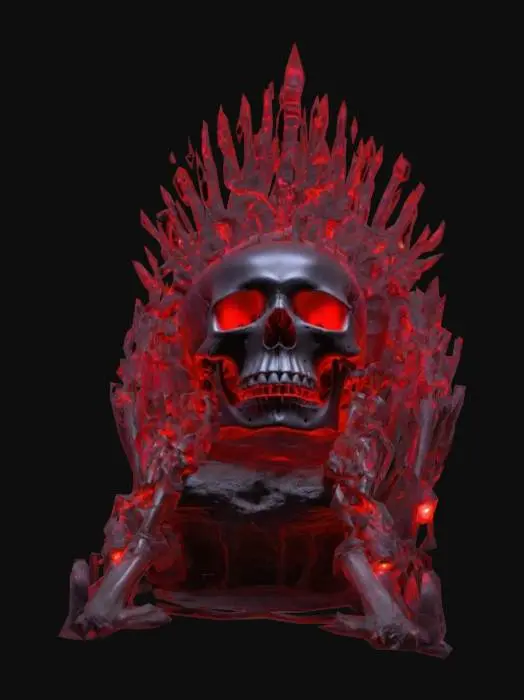 3D model for throne, bones and skull, laser red energie,
humain skull on top, red eyes,
high quality, glowing bones,